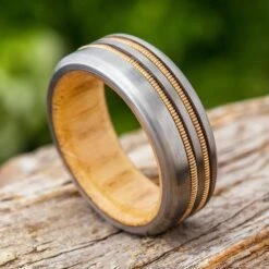 Double Guitar String Ring With Oak Wood Sleeve