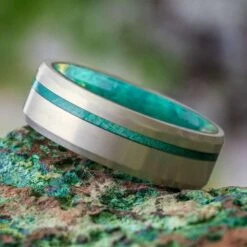 Solid Gold Men's Wedding Band With Green Wood