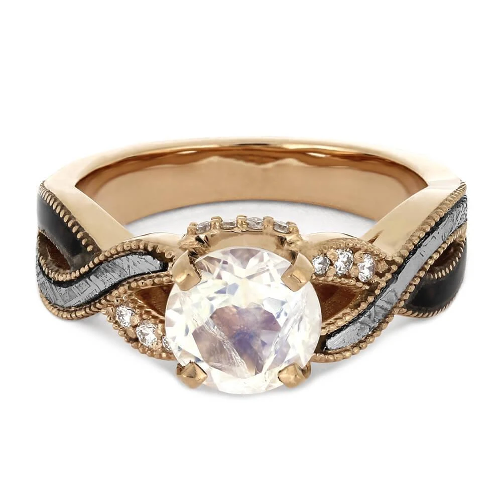 Moonstone Engagement Ring Twist Shank, Meteorite & Dino Bone 8 Moonstone Engagement Ring Twist Shank, Meteorite & Dino Bone - Image 6