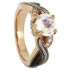 Moonstone Engagement Ring Twist Shank, Meteorite & Dino Bone 10 Moonstone Engagement Ring Twist Shank, Meteorite & Dino Bone -Johan Jewelry Shop 4485E