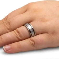 Men's Whiskey Oak Wood Wedding Band With Meteorite Center 9 Men's Whiskey Oak Wood Wedding Band With Meteorite Center -Johan Jewelry Shop 4499 Handshot