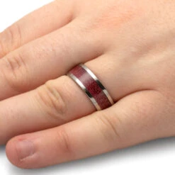Titanium Wedding Band With Warm Red Deer Antler -Johan Jewelry Shop 4513 RD Handshot