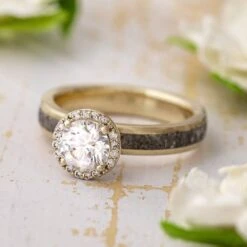 Round Moissanite Halo Engagement Ring With Meteorite -Johan Jewelry Shop 4541RG Handshot