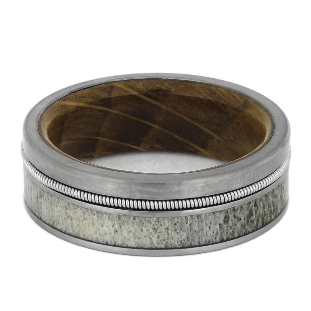 Antler And Guitar String Ring With Whiskey Barrel Wood Sleeve 7 Antler And Guitar String Ring With Whiskey Barrel Wood Sleeve - Image 5