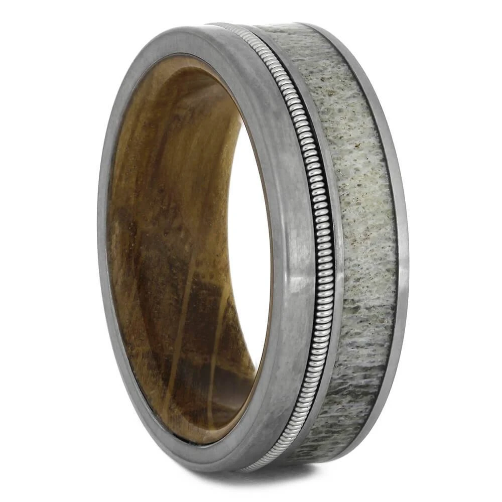 Antler And Guitar String Ring With Whiskey Barrel Wood Sleeve 4 Antler And Guitar String Ring With Whiskey Barrel Wood Sleeve - Image 2