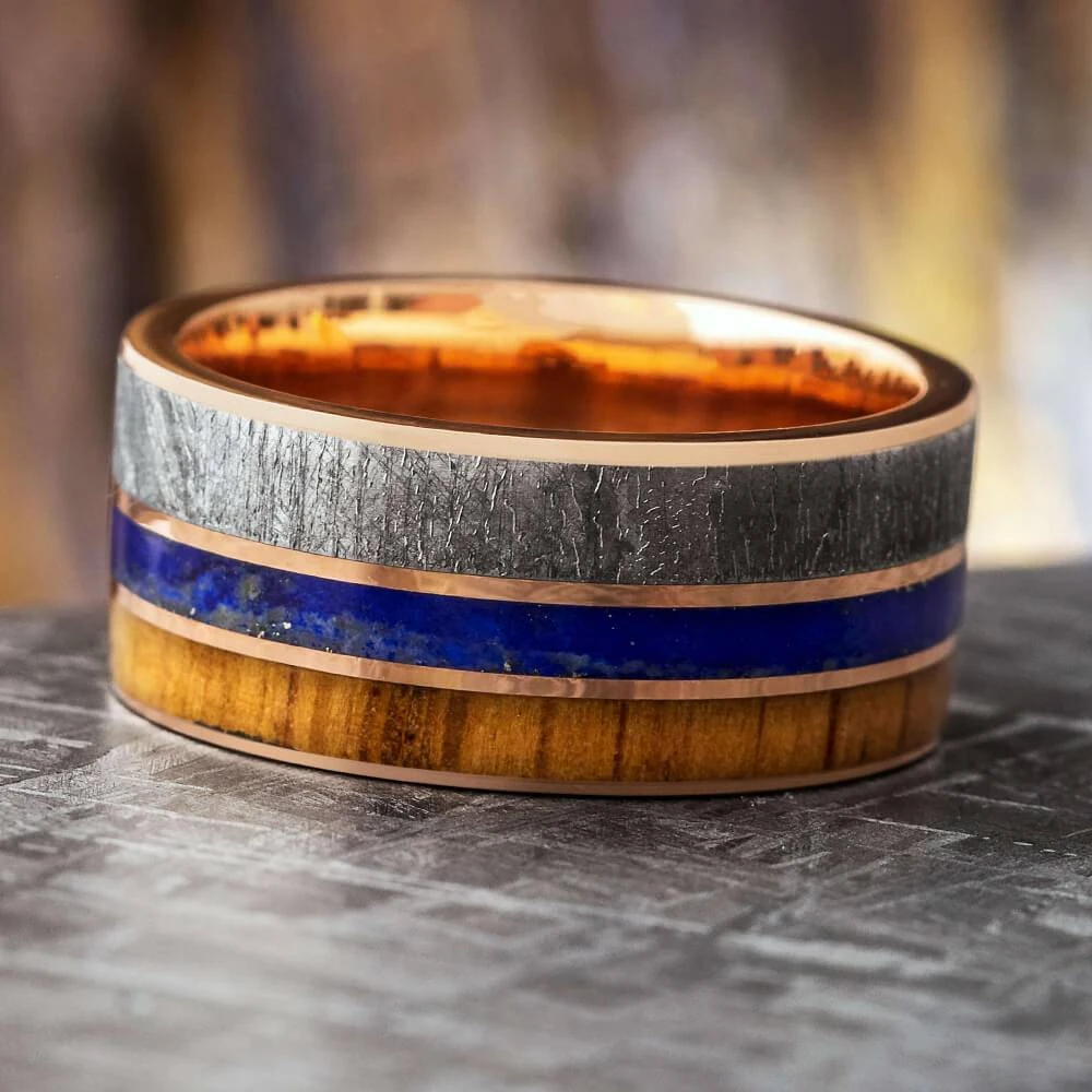 Men's Meteorite Wedding Band With Lapis Lazuli And Oak 3 Men's Meteorite Wedding Band With Lapis Lazuli And Oak