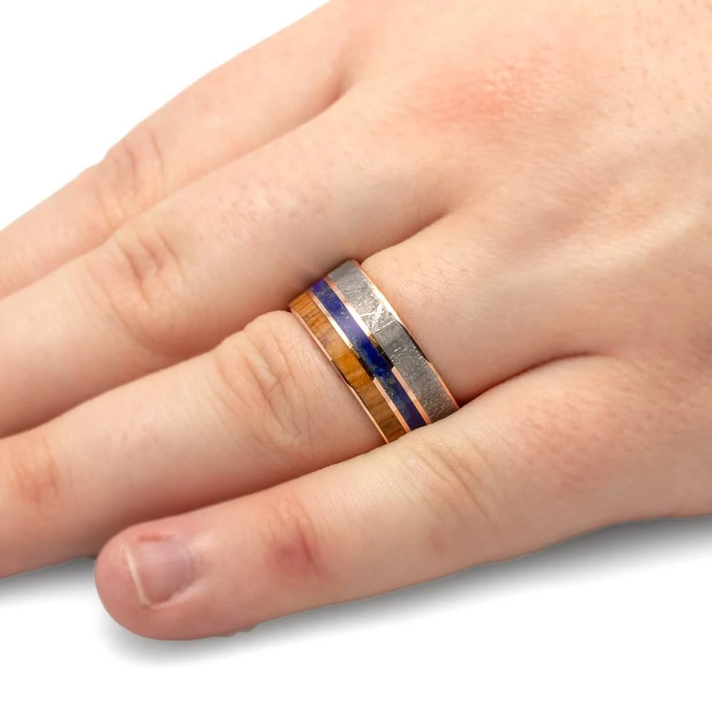 Men's Meteorite Wedding Band With Lapis Lazuli And Oak 6 Men's Meteorite Wedding Band With Lapis Lazuli And Oak - Image 4