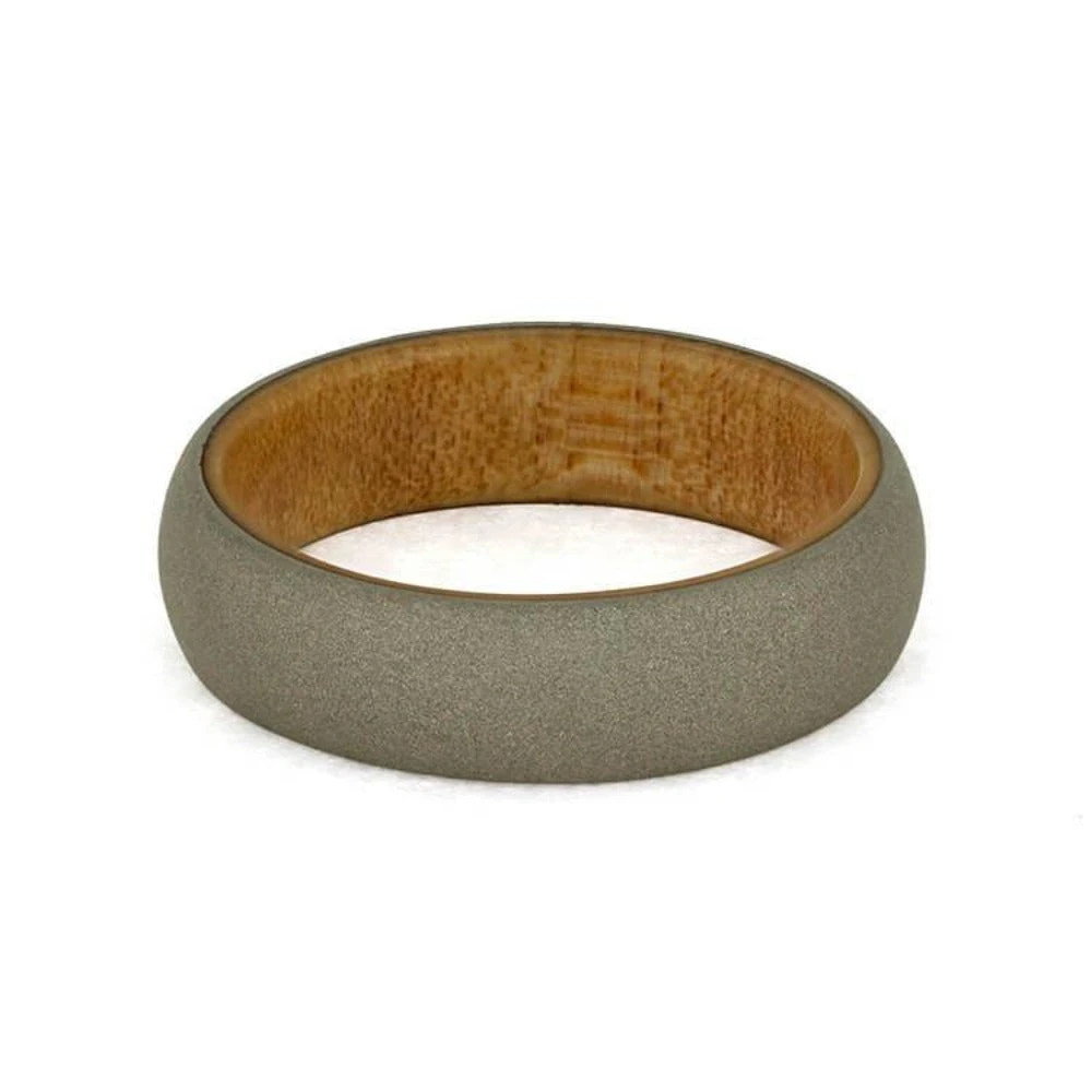 Sandblasted White Gold Ring, Wedding Band With Bamboo Wood Sleeve 7 Sandblasted White Gold Ring, Wedding Band With Bamboo Wood Sleeve - Image 5