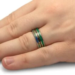 Green Men's Wedding Band With Malachite, Stardust And Turquoise -Johan Jewelry Shop 4601Handshot