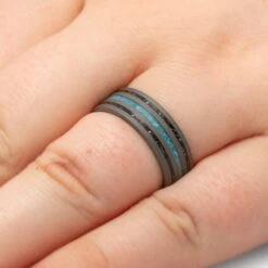 Black Stardust And Turquoise Men's Wedding Band 13 Black Stardust And Turquoise Men's Wedding Band -Johan Jewelry Shop 4607Handshot