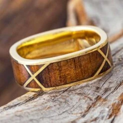 Koa Wood Wedding Band With Yellow Gold Woven Design