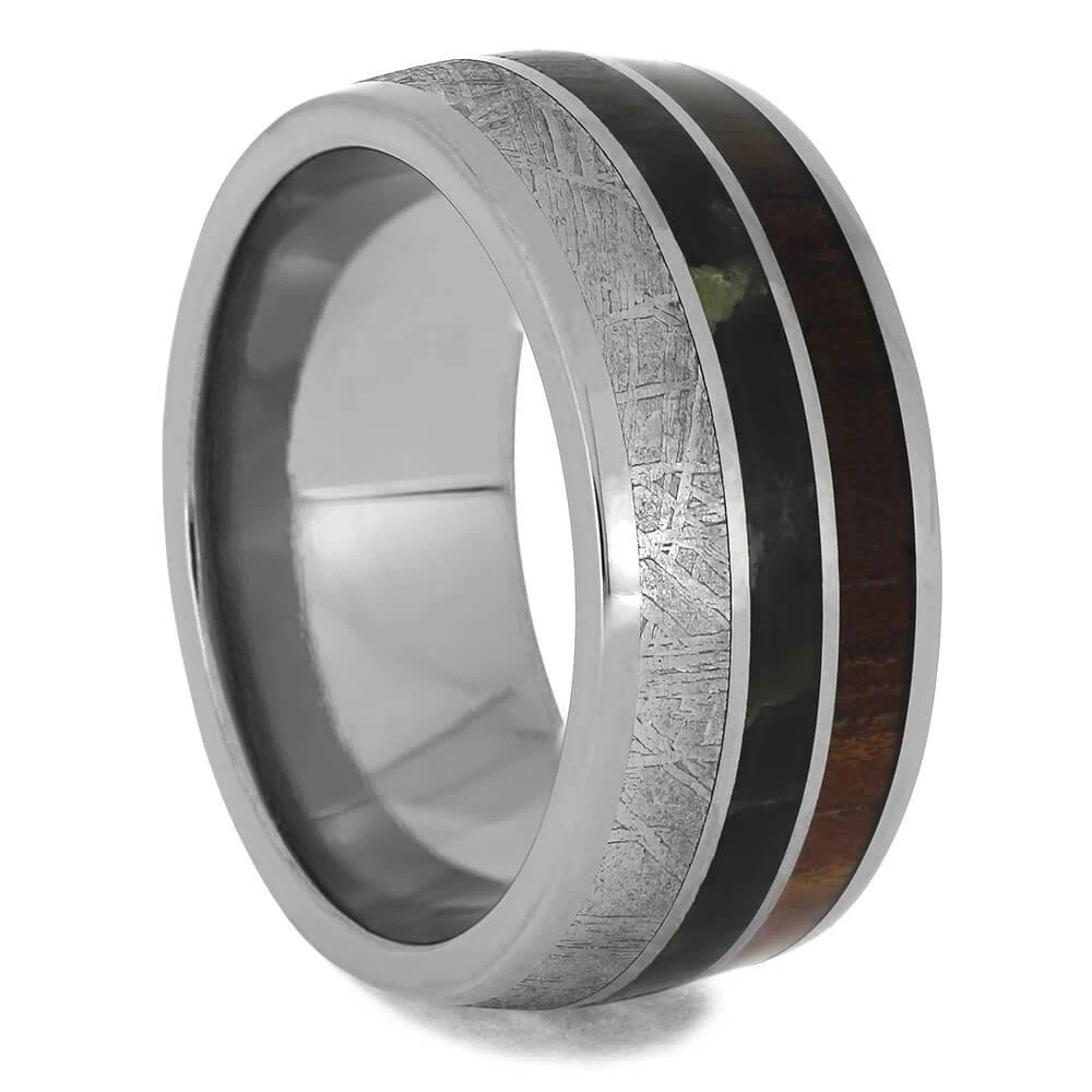 Men's Wide Meteorite Wedding Band With Jade And Koa Wood 4 Men's Wide Meteorite Wedding Band With Jade And Koa Wood - Image 2