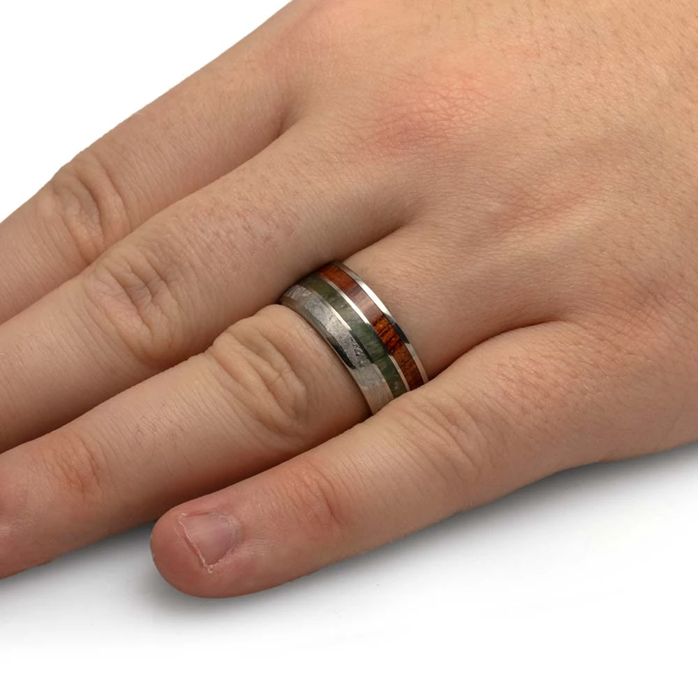 Men's Wide Meteorite Wedding Band With Jade And Koa Wood 8 Men's Wide Meteorite Wedding Band With Jade And Koa Wood - Image 6