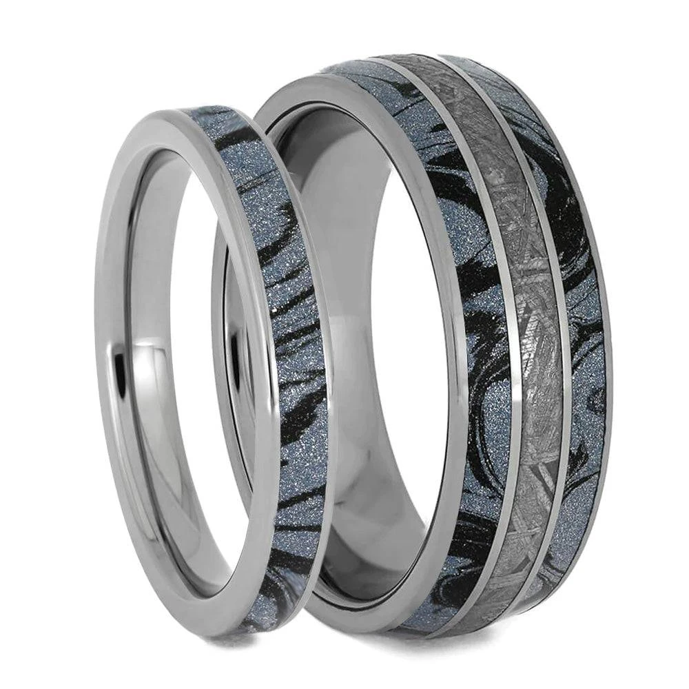 His & Hers Blue Ring Set With Meteorite And Mokume 4 His & Hers Blue Ring Set With Meteorite And Mokume - Image 2