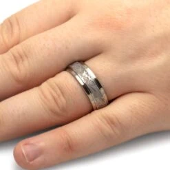 Meteorite Wedding Band With Whiskey Barrel Wood Sleeve -Johan Jewelry Shop 4737Handshot