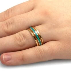 Men's Wood And Opal Wedding Band, Unique Blue Ring For Him 9 Men's Wood And Opal Wedding Band, Unique Blue Ring For Him -Johan Jewelry Shop 4840Handshot