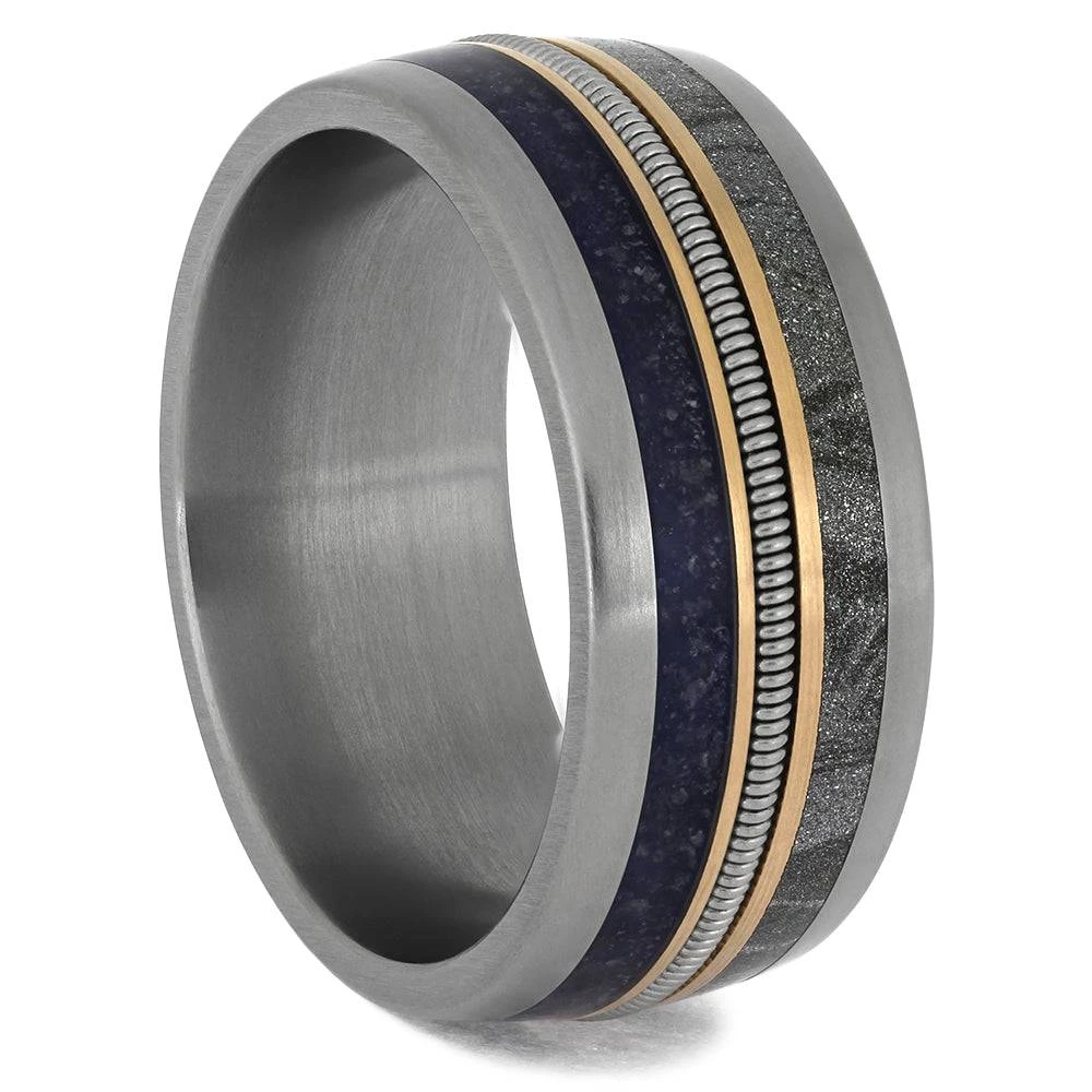 Guitar String Wedding Band With Crushed Sapphire And Mokume 4 Guitar String Wedding Band With Crushed Sapphire And Mokume - Image 2