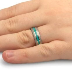 Authentic Gibeon Meteorite Wedding Band With Crushed Opal -Johan Jewelry Shop 4878Handshot