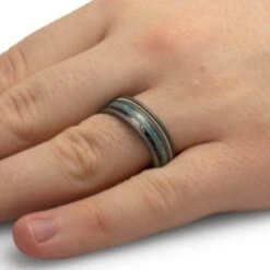 Guitar String Wedding Band With Turquoise And Black Stardust 9 Guitar String Wedding Band With Turquoise And Black Stardust -Johan Jewelry Shop 4882Handshot