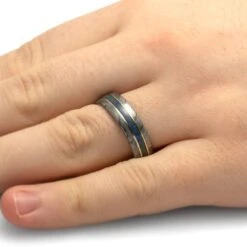 Mokume Gane Men's Wedding Band With Crushed Sapphire -Johan Jewelry Shop 4884Handshot
