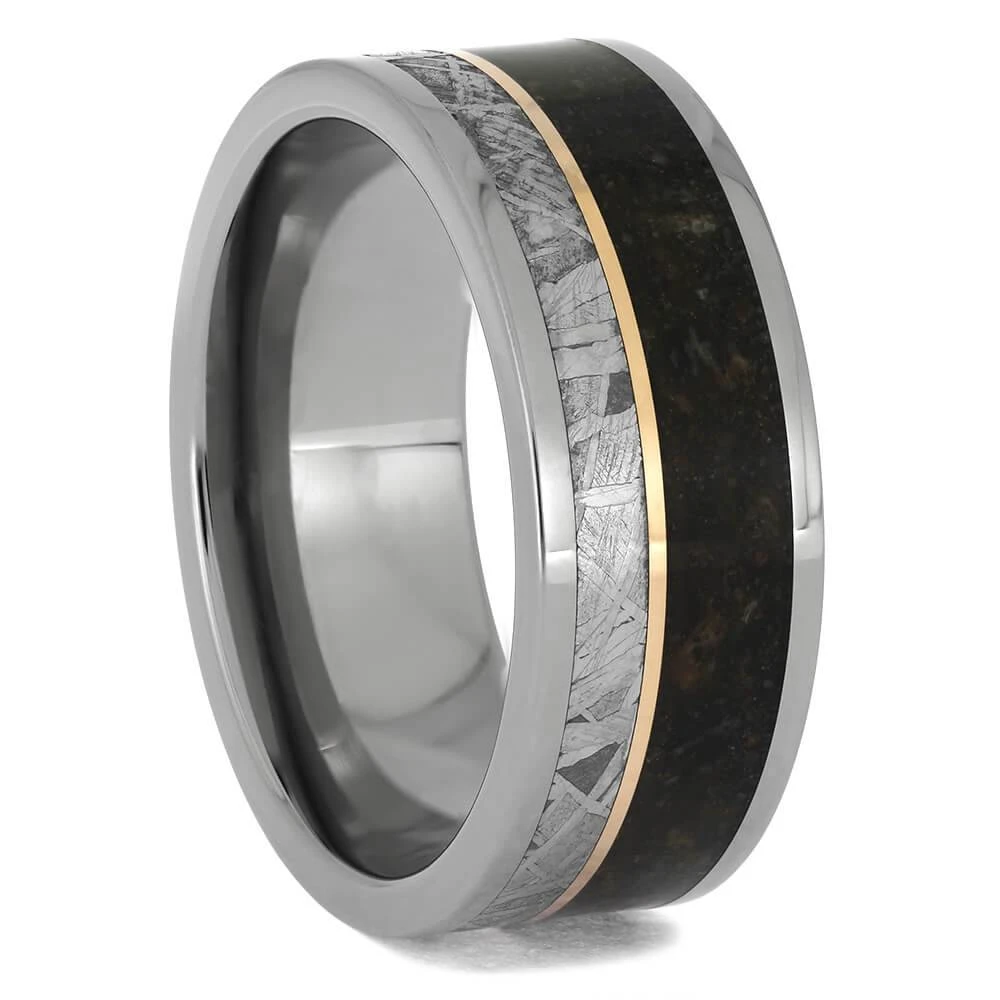 Genuine Meteorite & Fossilized Dino Bone Ring With Offset Pinstripe 4 Genuine Meteorite & Fossilized Dino Bone Ring With Offset Pinstripe - Image 2