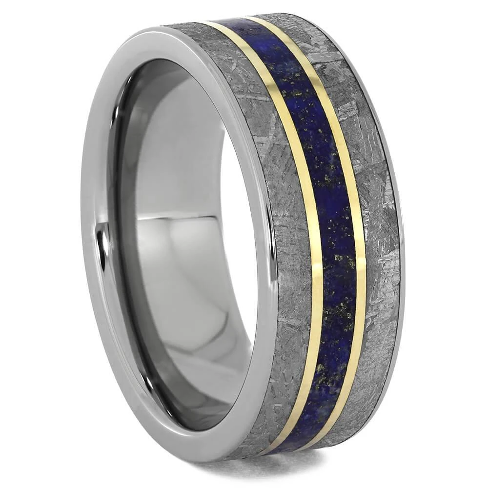 Meteorite & Lapis Lazuli Wedding Band With Gold Pinstripes 4 Meteorite & Lapis Lazuli Wedding Band With Gold Pinstripes - Image 2
