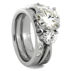 Large Three Stone Moissanite Ring With Matching Band, Bridal Set -Johan Jewelry Shop 5013 1E