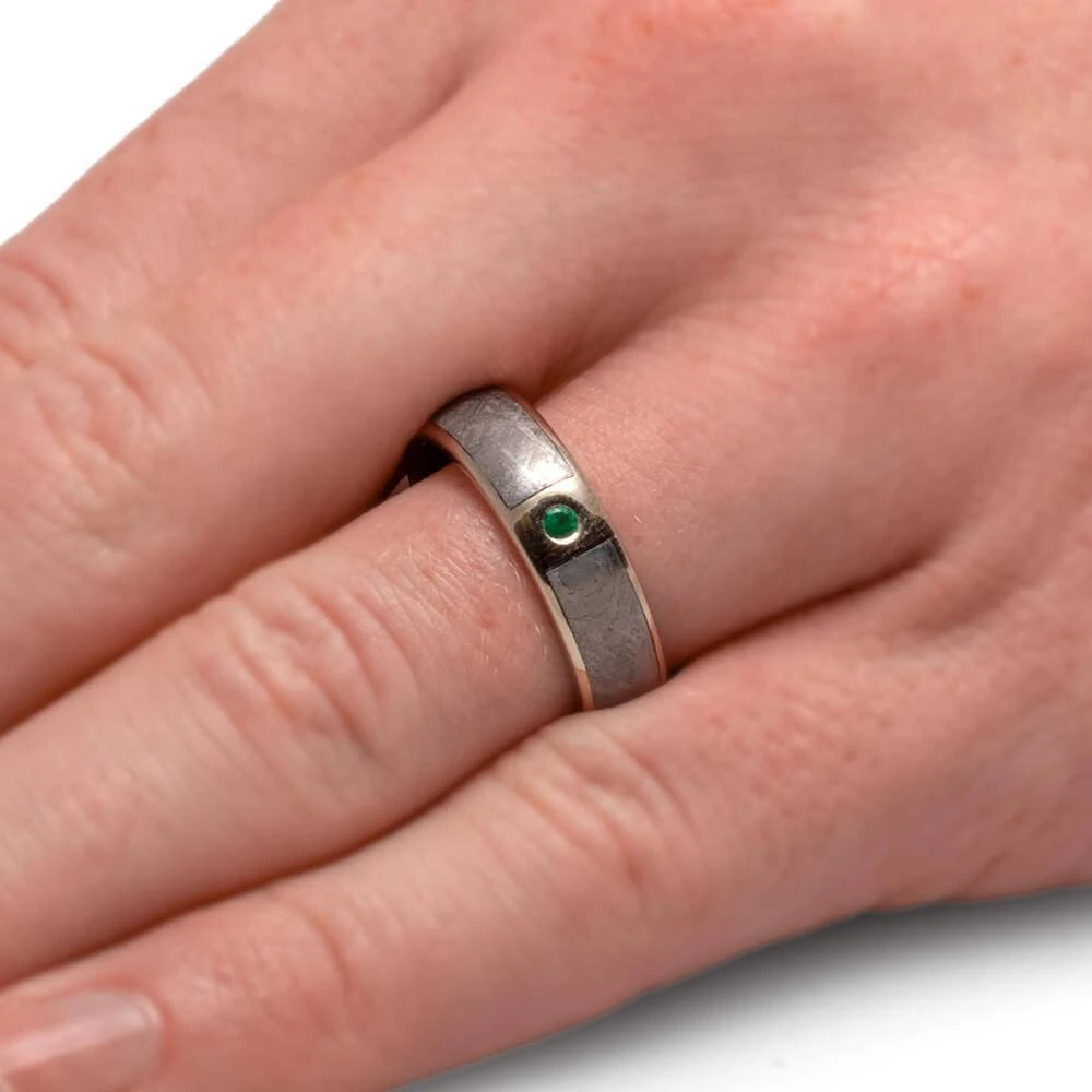 Gemstone & Meteorite Wedding Band, Three Stone Ring 6 Gemstone & Meteorite Wedding Band, Three Stone Ring - Image 4