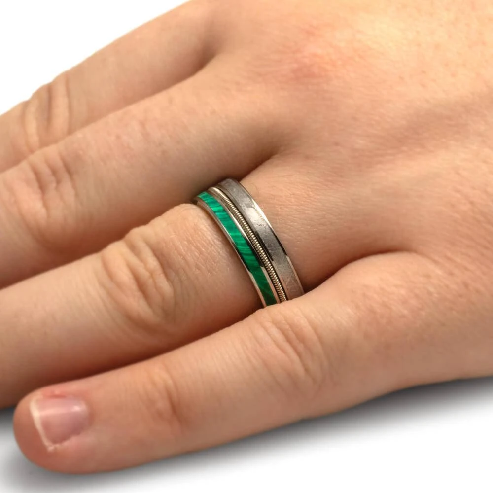 Guitar String Wedding Band With Meteorite & Malachite 6 Guitar String Wedding Band With Meteorite & Malachite - Image 4