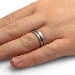 Unique Meteorite & Wood Wedding Band With Gold Pinstripe -Johan Jewelry Shop 5155Handshot