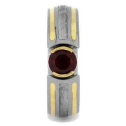 Modern Engagement Ring With Meteorite, Ruby, And Gold Pinstripes -Johan Jewelry Shop 5207 1E