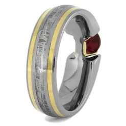 Modern Engagement Ring With Meteorite, Ruby, And Gold Pinstripes -Johan Jewelry Shop 5207 2E