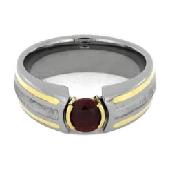 Modern Engagement Ring With Meteorite, Ruby, And Gold Pinstripes -Johan Jewelry Shop 5207 4E