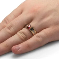 Modern Engagement Ring With Meteorite, Ruby, And Gold Pinstripes -Johan Jewelry Shop 5207Handshot