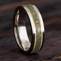 Tungsten Memorial Ring With Ashes & Yellow Gold Pinstripes