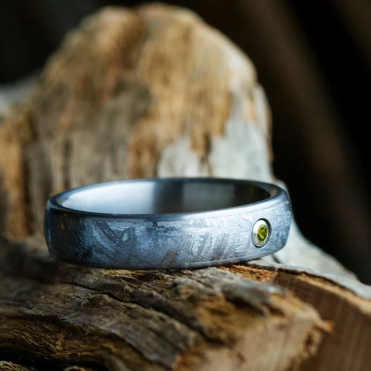 Gibeon Meteorite Wedding Ring With Bezel Set Gemstone 3 Gibeon Meteorite Wedding Ring With Bezel Set Gemstone