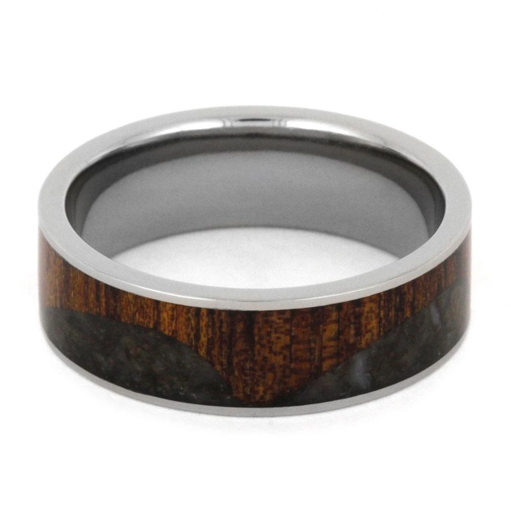 Crushed Dinosaur Bone Wedding Band With Koa Wood Wave 7 Crushed Dinosaur Bone Wedding Band With Koa Wood Wave - Image 5