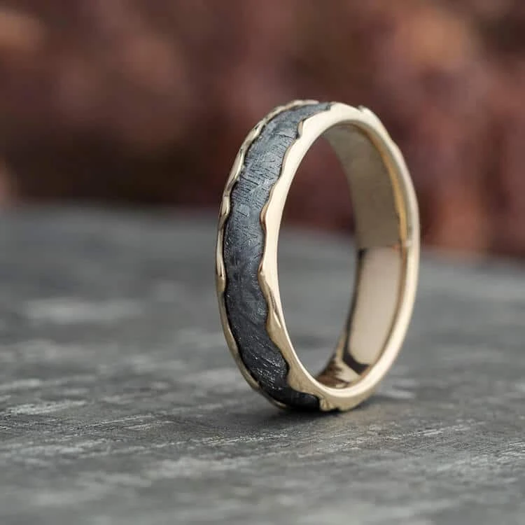 Wavy Gold Wedding Band With Meteorite 5 Wavy Gold Wedding Band With Meteorite - Image 3