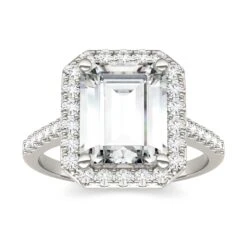 Charles & Colvard Emerald Cut Moissanite Halo Ring In White Gold