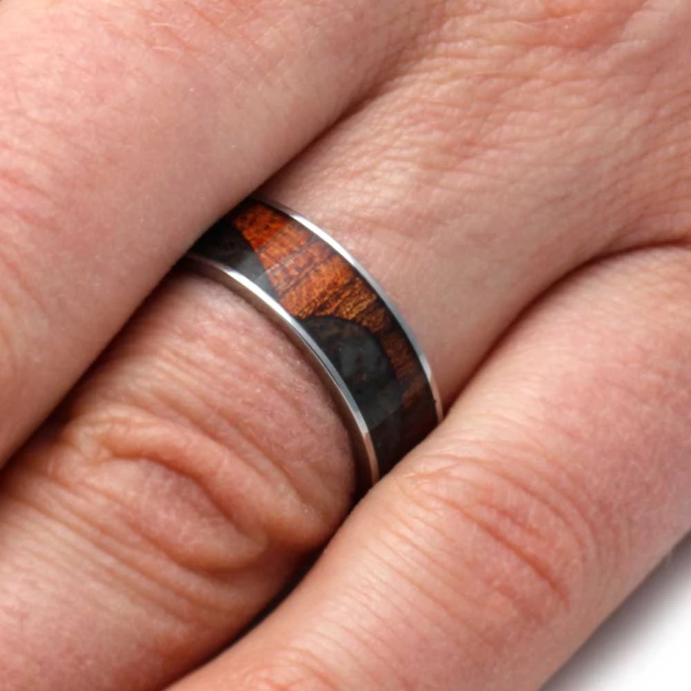 Crushed Dinosaur Bone Wedding Band With Koa Wood Wave 8 Crushed Dinosaur Bone Wedding Band With Koa Wood Wave - Image 6