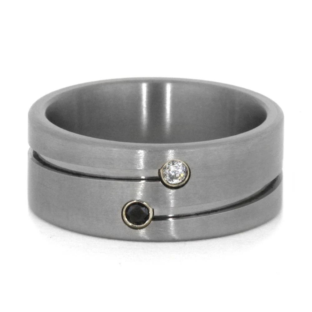 Double Diamond Ring In Grooved Titanium Wedding Band 7 Double Diamond Ring In Grooved Titanium Wedding Band - Image 5