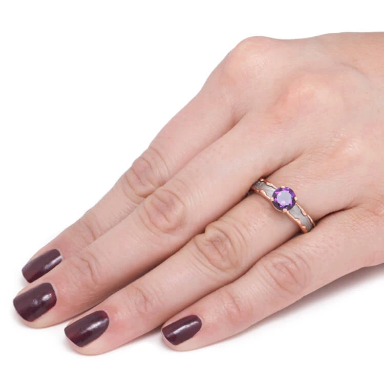 Amethyst Engagement Ring With Wavy Band Inlaid With Meteorite 9 Amethyst Engagement Ring With Wavy Band Inlaid With Meteorite - Image 7
