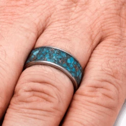 Mens Wedding Band Titanium Ring With Crushed Turquoise -Johan Jewelry Shop 743ccb81de79a5d450290de33d579960