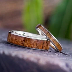 Matching White Gold & Koa Wood Ring Set