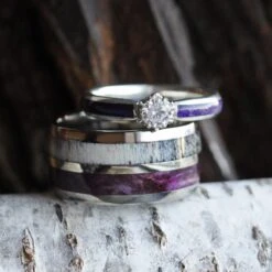 Purple Wood Wedding Ring Set With Moissanite Engagement Ring -Johan Jewelry Shop 82421ddc86b594d6db766555ba355e30