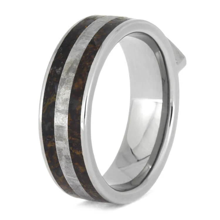 Meteor Engagement Ring With Sapphire, Titanium Ring Inlaid With Dinosaur Bone 6 Meteor Engagement Ring With Sapphire, Titanium Ring Inlaid With Dinosaur Bone - Image 4