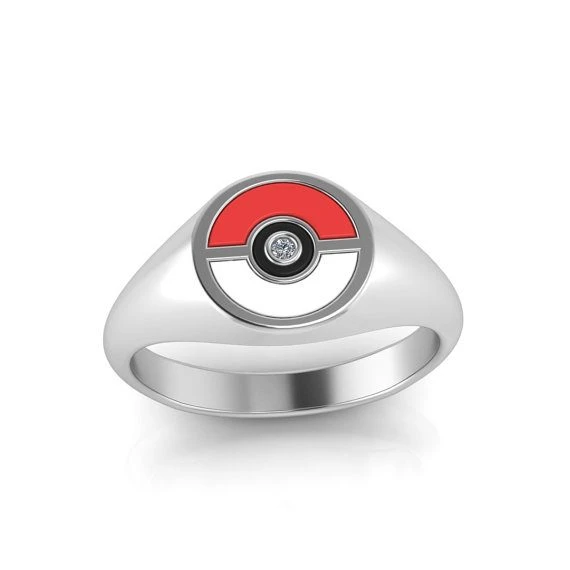 Pokemon Engagement Ring, Pokeball Ring In Signet Ring Style, Moissanite Center Stone 5 Pokemon Engagement Ring, Pokeball Ring In Signet Ring Style, Moissanite Center Stone - Image 3