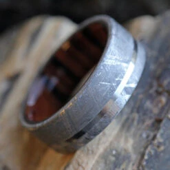 Meteorite Wedding Ring With Wood Sleeve, Ironwood Ring