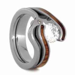 Moissanite And Wood Wedding Ring Set In Titanium