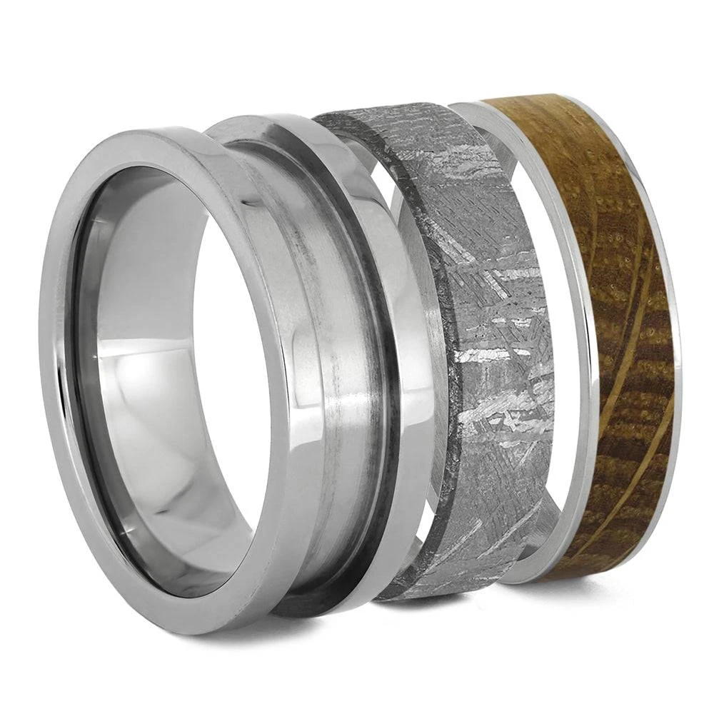 Modular Titanium Ring Set With Whiskey Barrel Oak & Meteorite Inlays 4 Modular Titanium Ring Set With Whiskey Barrel Oak & Meteorite Inlays - Image 2